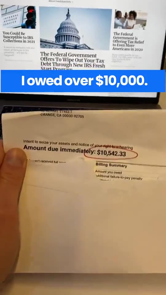 Debt relief ad showing an IRS notice for $10,542